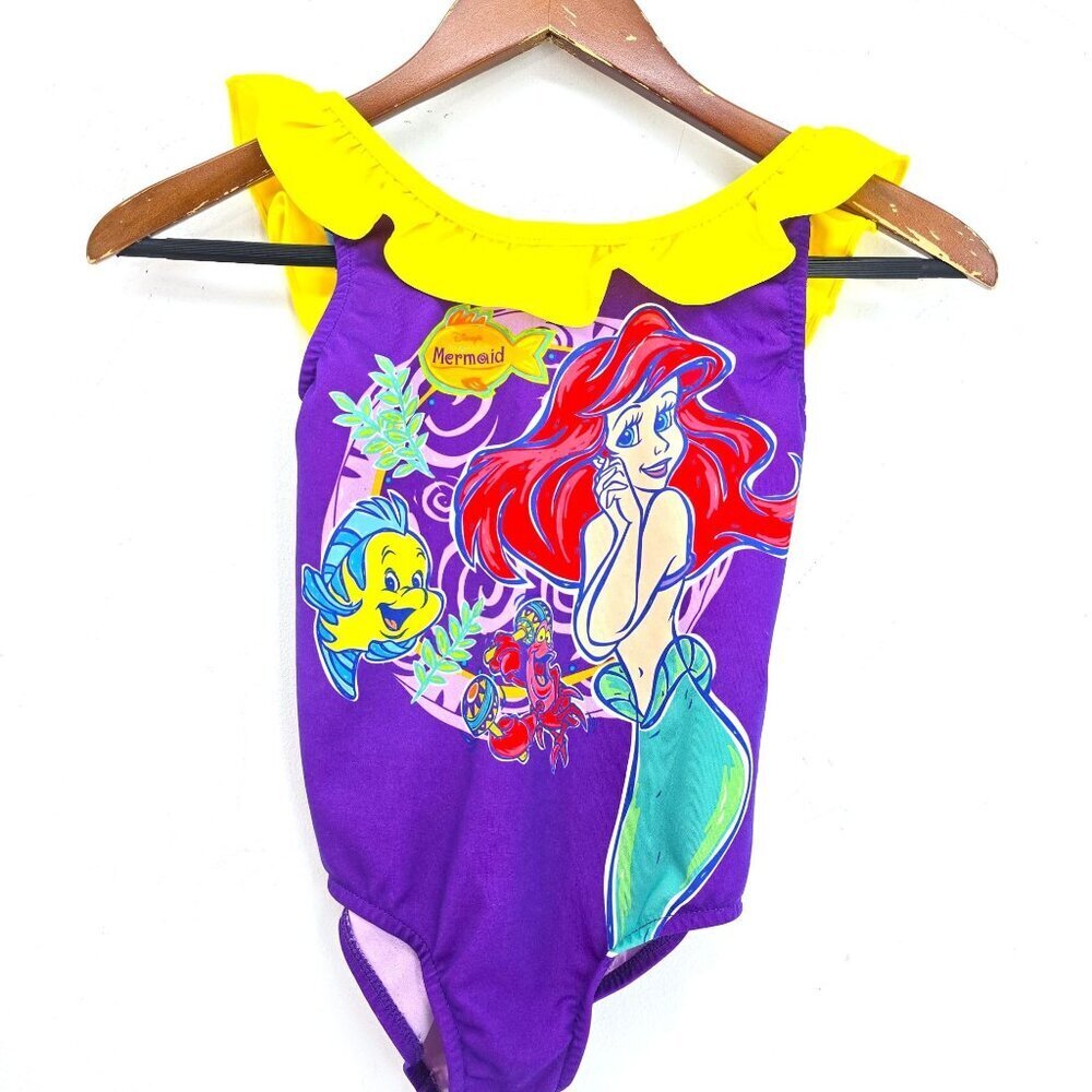 Disney The Little Mermaid Purple Yellow Ruffle One Piece Swimsuit Girls Size 6